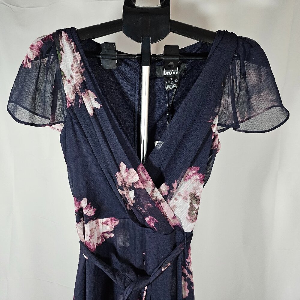 DKNY Womens Navy Floral Midi Flutter Sleeve Wrap Dress Size 6 - Picture 3 of 12